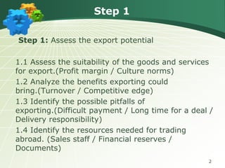 Step 1
Step 1: Assess the export potential

1.1 Assess the suitability of the goods and services
for export.(Profit margin / Culture norms)
1.2 Analyze the benefits exporting could
bring.(Turnover / Competitive edge)
1.3 Identify the possible pitfalls of
exporting.(Difficult payment / Long time for a deal /
Delivery responsibility)
1.4 Identify the resources needed for trading
abroad. (Sales staff / Financial reserves /
Documents)
2

 