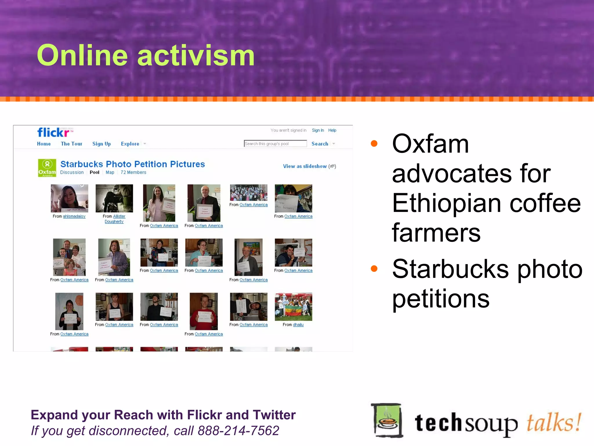 Online activism Oxfam advocates for Ethiopian coffee farmers Starbucks photo petitions 