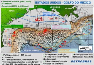 • Reservas Provads (SPE, 2005):
39 MMBOe                          ESTADOS UNIDOS - GOLFO DO MÉXICO
•Produção (2005): 4,618 boe/d
                      Houston

                                         DEEP SHELF
                                         SIGNIFICANT PLAYER,
                                         MOSTLY NON-OPERATOR




WESTERN GOM                                         DEEPWATER:
LEADING PLAYER & OPERATOR                           LEADING PLAYER
                                                    NON-OPERATOR/OPERATOR




                                                               ULTRADEEPWATER:
                                                               LEADING PLAYER,
                                                               NON-OPERATOR/OPERATOR

  Participações em : 287 blocos             5 campos em produção                 Participação de 50%
  1 terrestre                               1 campo desenvolvimento             Refinaria de Pasadena
  113 em águas rasas, operador em 34      (Cottonwood)
  173 in águas profundas, operador em 111   3 descobertas (Cascade,
  L. Sale 200 Highest bidder em 34 blocos Chinook e Saint Malo)
 