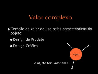 Valor complexo
•Geração de valor de uso pelas características do
objeto
•Design de Produto
•Design Gráfico
objeto
o objeto tem valor em si
 