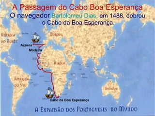 A Passagem do Cabo Boa Esperança O navegador   Bartolomeu Dias , em 1488, dobrou  o Cabo da Boa Esperança. Madeira Açores Cabo da Boa Esperança 