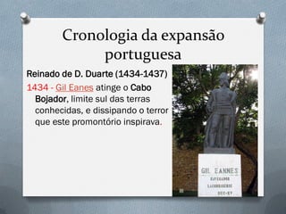 Cronologia da expansão portuguesa 
Reinado de D. Duarte (1434-1437) 
1434 - Gil Eanes atinge o Cabo Bojador, limite sul das terras conhecidas, e dissipando o terror que este promontório inspirava.  