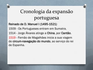 Cronologia da expansão portuguesa 
Reinado de D. Manuel I (1495-1521) 
1509 - Os Portugueses entram em Sumatra. 
1514 - Jorge Álvares atinge a China, por Cantão. 
1519 - Fernão de Magalhães inicia a sua viagem de circum-navegação do mundo, ao serviço do rei de Espanha.  