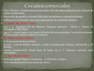  Tiro. Hiram I. Ambiciones territoriales. Rol de intermediarios por control de
  rutas comerciales.
 Situación geográfica oriental dificulta invasiones y comunicaciones.
 Influencia territorial, clave para garantizar la economía fenicia.
 A.- Israel, Mar Rojo y Ophir.
 975 a. C. Expulsión de los filisteos. Empresa Salomón – Hiram I. Puerto de
  Eziongeber (Mar Rojo).
 930 a. C. triunfo egipcio en Israel y división del reino perjudica la relación existente.
  Si bien Josafat intenta reabrir el comercio.
 B.- Norte de siria y Cilicia.
 S. IX presencia fenicia en Siria.
 Acceso a tierras fértiles, metales y salida manufacturas (Aleppo, Karkemish y Til
    Barsip).
   Alianza Urartea-Siria. Desde fines IX hasta 732 a. C. Damasco controla rutas
    principales.
   C.- Mar Mediterráneo.
   Ante esto queda Chipre y Occidente. S. IX Kitión y Chipre.
   Tiro rodeada de provincias asirias por tierra.
 