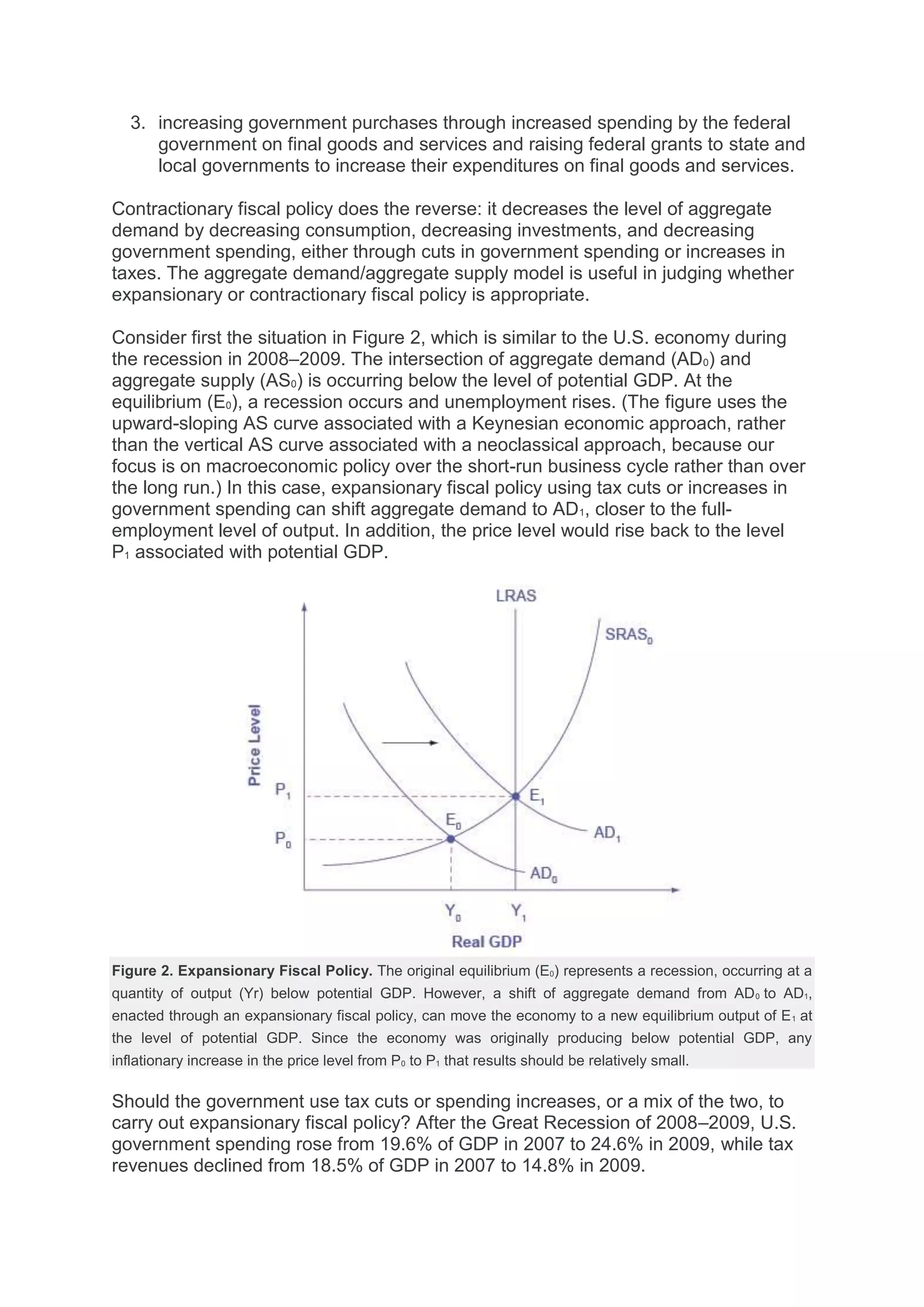 3. increasing government purchases through increased spending by the federal
government on final goods and services and raising federal grants to state and
local governments to increase their expenditures on final goods and services.
Contractionary fiscal policy does the reverse: it decreases the level of aggregate
demand by decreasing consumption, decreasing investments, and decreasing
government spending, either through cuts in government spending or increases in
taxes. The aggregate demand/aggregate supply model is useful in judging whether
expansionary or contractionary fiscal policy is appropriate.
Consider first the situation in Figure 2, which is similar to the U.S. economy during
the recession in 2008–2009. The intersection of aggregate demand (AD0) and
aggregate supply (AS0) is occurring below the level of potential GDP. At the
equilibrium (E0), a recession occurs and unemployment rises. (The figure uses the
upward-sloping AS curve associated with a Keynesian economic approach, rather
than the vertical AS curve associated with a neoclassical approach, because our
focus is on macroeconomic policy over the short-run business cycle rather than over
the long run.) In this case, expansionary fiscal policy using tax cuts or increases in
government spending can shift aggregate demand to AD1, closer to the full-
employment level of output. In addition, the price level would rise back to the level
P1 associated with potential GDP.
Figure 2. Expansionary Fiscal Policy. The original equilibrium (E0) represents a recession, occurring at a
quantity of output (Yr) below potential GDP. However, a shift of aggregate demand from AD0 to AD1,
enacted through an expansionary fiscal policy, can move the economy to a new equilibrium output of E1 at
the level of potential GDP. Since the economy was originally producing below potential GDP, any
inflationary increase in the price level from P0 to P1 that results should be relatively small.
Should the government use tax cuts or spending increases, or a mix of the two, to
carry out expansionary fiscal policy? After the Great Recession of 2008–2009, U.S.
government spending rose from 19.6% of GDP in 2007 to 24.6% in 2009, while tax
revenues declined from 18.5% of GDP in 2007 to 14.8% in 2009.
 