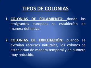 TIPOS DE COLONIAS
1. COLONIAS DE POLAMIENTO: donde los
   emigrantes europeos se establecían de
   manera definitiva.

2. COLONIAS DE EXPLOTACIÓN: cuando se
   extraían recursos naturales, los colonos se
   establecían de manera temporal y en número
   muy reducido.
 