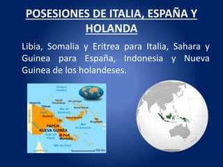 POSESIONES DE ITALIA, ESPAÑA Y
HOLANDA
Libia, Somalia y Eritrea para Italia, Sahara y
Guinea para España, Indonesia y Nueva
Guinea de los holandeses.
 
