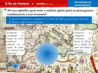E agora? Continuar as conquistas no Norte de África ou navegar à procura
de terras e mares desconhecidos?
▼Na tua opinião, qual seria a melhor opção para os portugueses
continuarem a sua aventura?
Continuar a
navegação ao
longo da costa
ocidental
africana era a
opção de parte
da nobreza e da
burguesia.
Continuar as
conquistas
territoriais no
Norte de África,
era a opção de
parte da nobreza
guerreira.
Conquistas ou
descobertas?
 