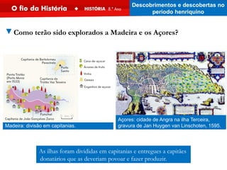 As ilhas foram divididas em capitanias e entregues a capitães
donatários que as deveriam povoar e fazer produzir.
Açores: cidade de Angra na ilha Terceira,
gravura de Jan Huygen van Linschoten, 1595.
▼Como terão sido explorados a Madeira e os Açores?
Descobrimentos e descobertas no
período henriquino
Madeira: divisão em capitanias.
 