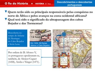 ▼Quem terão sido os principais responsáveis pelas conquistas no
norte de África e pelos avanços na costa ocidental africana?
▼Qual terá sido o significado da ultrapassagem dos cabos
Bojador e das Tormentas?
Descoberta no
tempo do Infante
D. Henrique:
do Cabo Bojador
à Serra Leoa. Em 1434, Gil Eanes
dobrou o Cabo Bojador.
Por ordem de D. Afonso V,
os portugueses apoderaram-se,
também, de Alcácer-Ceguer
(1458), Arzila e Tânger (1471).
Descobrimentos e descobertas
portuguesas
 