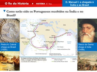 Pedro A. Cabral
chega ao Brasil
(1500).
Vasco da Gama
chega à India
(1498).
▼Como terão sido os Portugueses recebidos na Índia e no
Brasil?
D. Manuel I: a chegada à
Índia e ao Brasil
 