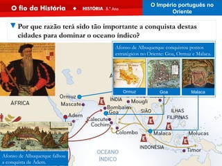 ▼Por que razão terá sido tão importante a conquista destas
cidades para dominar o oceano índico?
Afonso de Albuquerque conquistou pontos
estratégicos no Oriente: Goa, Ormuz e Malaca.
Goa
Ormuz Malaca
Afonso de Albuquerque falhou
a conquista de Ádem.
O Império português no
Oriente
 