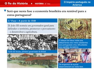 Tomé de Sousa, primeiro governador do Brasil.
O ataque de tribos índias aos
aldeamentos dos índios obedientes
aos portugueses criou dificuldades
aos capitães donatários.
Os engenhos de açúcar
desenvolveram-se nesta fase.
▼Será que nesta fase a economia brasileira era rentável para a
coroa portuguesa?
3.ª Fase - A partir de 1548
D. João III nomeia um governador-geral para
defender o território, promover o povoamento
e desenvolver a agricultura.
O Império português na
América
 