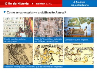 ▼Como se caracterizava a civilização Asteca?
Sociedade hierarquizada, no topo da qual se encontrava o imperador.
Escrita usando o sistema
de pictogramas.
Mapa de Tenochtitlan, elaborado
em 1524 por Hernan Cortez.
Campos de cultivo irrigados.
A América
pré-colombiana
 