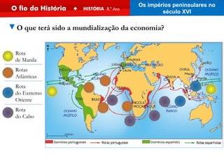 ▼O que terá sido a mundialização da economia?
Rota
do Extremo
Oriente
Rota
do Cabo
Rota
de Manila
Rotas
Atlânticas
Os impérios peninsulares no
século XVI
 