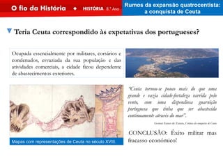 Ocupada essencialmente por militares, corsários e
condenados, esvaziada da sua população e das
atividades comerciais, a cidade ficou dependente
de abastecimentos exteriores.
Mapas com representações de Ceuta no século XVIII.
“Ceuta tornou-se pouco mais do que uma
grande e vazia cidade-fortaleza varrida pelo
vento, com uma dispendiosa guarnição
portuguesa que tinha que ser abastecida
continuamente através do mar”.
Gomes Eanes de Zurara, Crónica da conquista de Ceuta
.CONCLUSÃO: Êxito militar mas
fracasso económico!
▼Teria Ceuta correspondido às expetativas dos portugueses?
Rumos da expansão quatrocentista:
a conquista de Ceuta
 