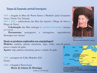 Etapas da Expansão: período henriquino 
1419 – chegada às ilhas de Porto Santo e Madeira (João Gonçalves 
Zarco, Tristão Vaz Teixeira) 
1427 e 1452 – redescoberta das ilhas dos Açores ( Diogo de Silves e 
Diogo de Teive) 
Colonização das ilhas entregue a capitães-donatários (definição 
p.21 manual) 
Povoamento: portugueses e estrangeiros, especialmente 
flamengos nos Açores. 
Quais os produtos explorados nos arquipélagos? 
Madeira: madeira, plantas tintureiras, trigo, vinha, cana-de-açúcar, 
pesca e criação de gado. 
Açores: trigo, plantas tintureiras, pesca e criação de gado. 
1434 – passagem do Cabo Bojador (Gil 
Eanes) 
1460 – Chegada à Serra Leoa 
Morte do Infante D. Henrique 
(mapa, p. 22 manual) 
Infante D. Henrique 
In: 
http://www.vidaslusofonas.pt/inf_d_ped2.jpg 
Expansão no período henriquino 
In: https://lh6.googleusercontent.com/- 
SVMIHu8zAP0/TW1dpHrUmtI/AAAAAAAAGGo/1uNhU8_w1Z4/s400/9 
.descobertas_1460.jpg 
 