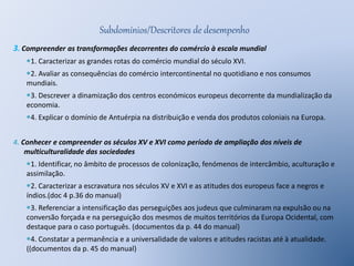 Subdomínios/Descritores de desempenho 
3. Compreender as transformações decorrentes do comércio à escala mundial 
1. Caracterizar as grandes rotas do comércio mundial do século XVI. 
2. Avaliar as consequências do comércio intercontinental no quotidiano e nos consumos 
mundiais. 
3. Descrever a dinamização dos centros económicos europeus decorrente da mundialização da 
economia. 
4. Explicar o domínio de Antuérpia na distribuição e venda dos produtos coloniais na Europa. 
4. Conhecer e compreender os séculos XV e XVI como período de ampliação dos níveis de 
multiculturalidade das sociedades 
1. Identificar, no âmbito de processos de colonização, fenómenos de intercâmbio, aculturação e 
assimilação. 
2. Caracterizar a escravatura nos séculos XV e XVI e as atitudes dos europeus face a negros e 
índios.(doc 4 p.36 do manual) 
3. Referenciar a intensificação das perseguições aos judeus que culminaram na expulsão ou na 
conversão forçada e na perseguição dos mesmos de muitos territórios da Europa Ocidental, com 
destaque para o caso português. (documentos da p. 44 do manual) 
4. Constatar a permanência e a universalidade de valores e atitudes racistas até à atualidade. 
((documentos da p. 45 do manual) 
 
