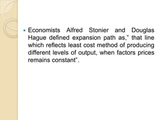    Economists Alfred Stonier and Douglas
    Hague defined expansion path as,” that line
    which reflects least cost method of producing
    different levels of output, when factors prices
    remains constant”.
 