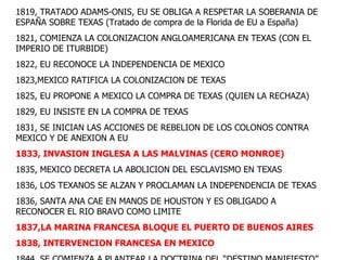 1819, TRATADO ADAMS-ONIS, EU SE OBLIGA A RESPETAR LA SOBERANIA DE ESPAÑA SOBRE TEXAS (Tratado de compra de la Florida de EU a España) 1821, COMIENZA LA COLONIZACION ANGLOAMERICANA EN TEXAS (CON EL IMPERIO DE ITURBIDE) 1822, EU RECONOCE LA INDEPENDENCIA DE MEXICO 1823,MEXICO RATIFICA LA COLONIZACION DE TEXAS 1825, EU PROPONE A MEXICO LA COMPRA DE TEXAS (QUIEN LA RECHAZA) 1829, EU INSISTE EN LA COMPRA DE TEXAS 1831, SE INICIAN LAS ACCIONES DE REBELION DE LOS COLONOS CONTRA MEXICO Y DE ANEXION A EU 1833, INVASION INGLESA A LAS MALVINAS (CERO MONROE) 1835, MEXICO DECRETA LA ABOLICION DEL ESCLAVISMO EN TEXAS 1836, LOS TEXANOS SE ALZAN Y PROCLAMAN LA INDEPENDENCIA DE TEXAS 1836, SANTA ANA CAE EN MANOS DE HOUSTON Y ES OBLIGADO A RECONOCER EL RIO BRAVO COMO LIMITE 1837,LA MARINA FRANCESA BLOQUE EL PUERTO DE BUENOS AIRES 1838, INTERVENCION FRANCESA EN MEXICO 1844, SE COMIENZA A PLANTEAR LA DOCTRINA DEL “DESTINO MANIFIESTO” 
