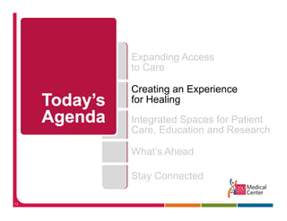 Expanding Access
     to Care

     Creating an Experience
     for H li
     f Healing
     Integrated Spaces for Patient
         g       p
     Care, Education and Research

     What s
     What’s Ahead

     Stay Connected
        y

13
 