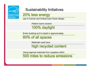 Sustainability Initiatives

     use in Cancer and Critical Care Tower design

               Patient rooms receive



     Entire building sq ft is daylit in approximately



               Materials used have



     Using regional materials from suppliers within




29
 