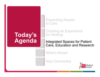 Expanding Access
     to Care

     Creating an Experience
     for H li
     f Healing
     Integrated Spaces for Patient
         g       p
     Care, Education and Research

     What s
     What’s Ahead

     Stay Connected
        y

31
 