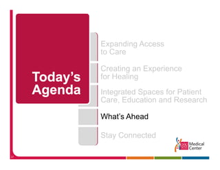 Expanding Access
     to Care

     Creating an Experience
     for H li
     f Healing
     Integrated Spaces for Patient
         g       p
     Care, Education and Research

     What s
     What’s Ahead

     Stay Connected
        y

37
 
