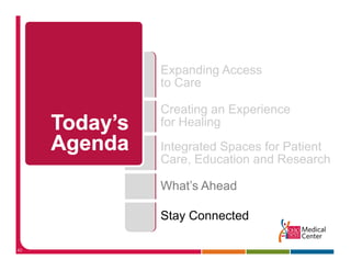 Expanding Access
     to Care

     Creating an Experience
     for H li
     f Healing
     Integrated Spaces for Patient
         g       p
     Care, Education and Research

     What s
     What’s Ahead

     Stay Connected
        y

40
 