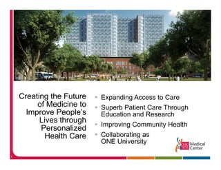 Creating the Future   Expanding A
                          E    di Access t C
                                         to Care
         of Medicine to   Superb Patient Care Through
      Improve People’s    Education and Research
          Lives through
          Li     h    h
                          Improving Community Health
          Personalized
            Health Ca e
             ea t Care    Collaborating as
                          ONE University

7
 