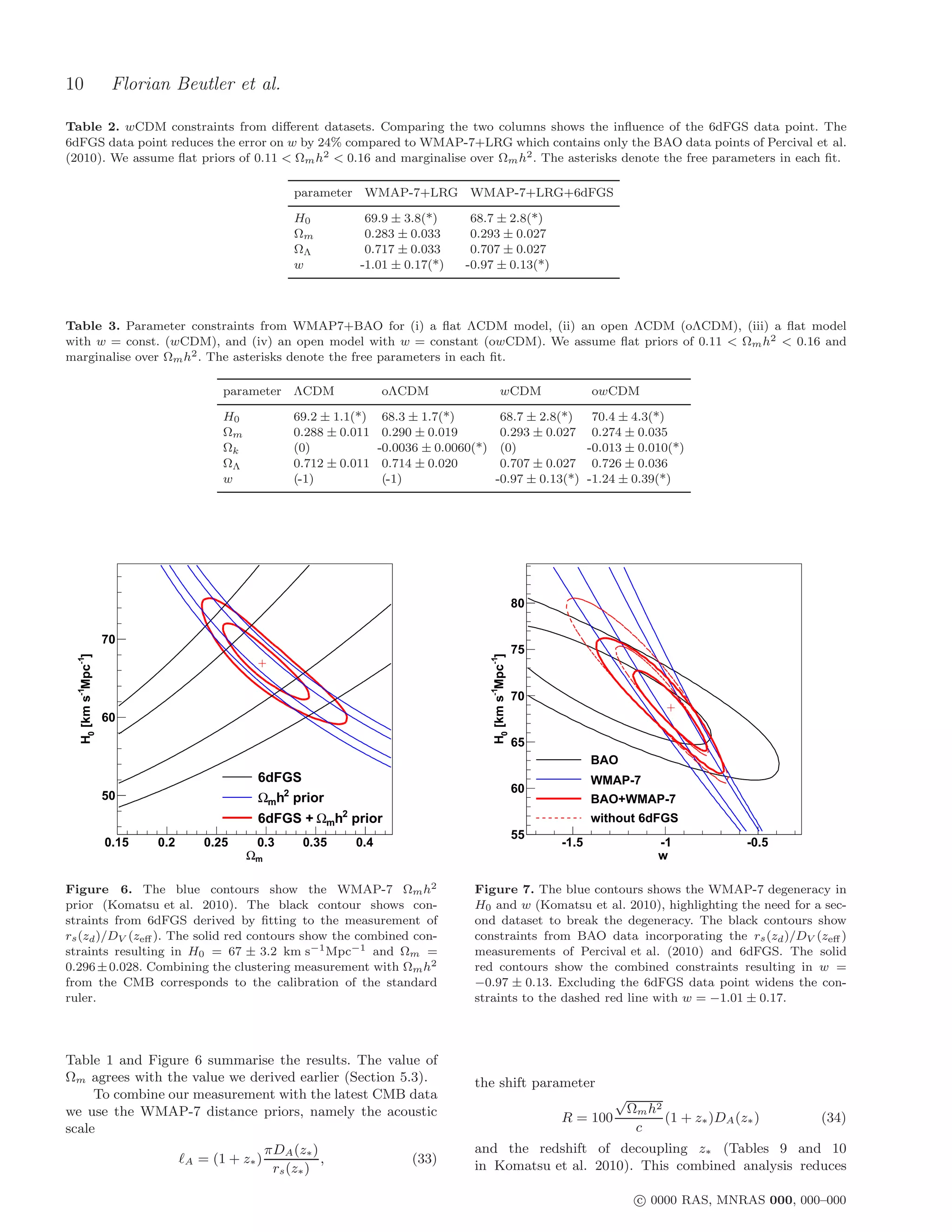 10                    Florian Beutler et al.

Table 2. wCDM constraints from diﬀerent datasets. Comparing the two columns shows the inﬂuence of the 6dFGS data point. The
6dFGS data point reduces the error on w by 24% compared to WMAP-7+LRG which contains only the BAO data points of Percival et al.
(2010). We assume ﬂat priors of 0.11 < Ωm h2 < 0.16 and marginalise over Ωm h2 . The asterisks denote the free parameters in each ﬁt.

                                                        parameter WMAP-7+LRG WMAP-7+LRG+6dFGS

                                                        H0          69.9 ± 3.8(*)       68.7 ± 2.8(*)
                                                        Ωm          0.283 ± 0.033       0.293 ± 0.027
                                                        ΩΛ          0.717 ± 0.033       0.707 ± 0.027
                                                        w          -1.01 ± 0.17(*)     -0.97 ± 0.13(*)



Table 3. Parameter constraints from WMAP7+BAO for (i) a ﬂat ΛCDM model, (ii) an open ΛCDM (oΛCDM), (iii) a ﬂat model
with w = const. (wCDM), and (iv) an open model with w = constant (owCDM). We assume ﬂat priors of 0.11 < Ωm h2 < 0.16 and
marginalise over Ωm h2 . The asterisks denote the free parameters in each ﬁt.

                                         parameter ΛCDM                 oΛCDM                     wCDM                    owCDM

                                         H0             69.2 ± 1.1(*)    68.3 ± 1.7(*)       68.7 ± 2.8(*)                 70.4 ± 4.3(*)
                                         Ωm             0.288 ± 0.011    0.290 ± 0.019       0.293 ± 0.027                 0.274 ± 0.035
                                         Ωk             (0)             -0.0036 ± 0.0060(*) (0)                           -0.013 ± 0.010(*)
                                         ΩΛ             0.712 ± 0.011    0.714 ± 0.020       0.707 ± 0.027                 0.726 ± 0.036
                                         w              (-1)             (-1)               -0.97 ± 0.13(*)               -1.24 ± 0.39(*)




                                                                                                              80

                     70
                                                                                                              75
  H0 [km s-1Mpc-1]




                                                                                           H0 [km s-1Mpc-1]




                                                                                                              70
                     60

                                                                                                              65
                                                                                                                          BAO
                                               6dFGS                                                                      WMAP-7
                                                                                                              60
                     50                        Ωmh2 prior                                                                 BAO+WMAP-7
                                               6dFGS + Ωmh2 prior                                                         without 6dFGS
                                                                                                              55
                     0.15   0.2       0.25     0.3        0.35    0.4                                              -1.5                -1             -0.5
                                              Ωm                                                                                       w

Figure 6. The blue contours show the WMAP-7 Ωm h2                                       Figure 7. The blue contours shows the WMAP-7 degeneracy in
prior (Komatsu et al. 2010). The black contour shows con-                               H0 and w (Komatsu et al. 2010), highlighting the need for a sec-
straints from 6dFGS derived by ﬁtting to the measurement of                             ond dataset to break the degeneracy. The black contours show
rs (zd )/DV (zeﬀ ). The solid red contours show the combined con-                       constraints from BAO data incorporating the rs (zd )/DV (zeﬀ )
straints resulting in H0 = 67 ± 3.2 km s−1 Mpc−1 and Ωm =                               measurements of Percival et al. (2010) and 6dFGS. The solid
0.296 ± 0.028. Combining the clustering measurement with Ωm h2                          red contours show the combined constraints resulting in w =
from the CMB corresponds to the calibration of the standard                             −0.97 ± 0.13. Excluding the 6dFGS data point widens the con-
ruler.                                                                                  straints to the dashed red line with w = −1.01 ± 0.17.




Table 1 and Figure 6 summarise the results. The value of
Ωm agrees with the value we derived earlier (Section 5.3).                              the shift parameter
     To combine our measurement with the latest CMB data                                                                      √
we use the WMAP-7 distance priors, namely the acoustic                                                                            Ωm h2
                                                                                                                   R = 100              (1 + z∗ )DA (z∗ )    (34)
scale                                                                                                                              c
                                                   πDA (z∗ )                            and the redshift of decoupling z∗ (Tables 9 and 10
                                  ℓA = (1 + z∗ )             ,               (33)       in Komatsu et al. 2010). This combined analysis reduces
                                                    rs (z∗ )

                                                                                                                                   c 0000 RAS, MNRAS 000, 000–000
 