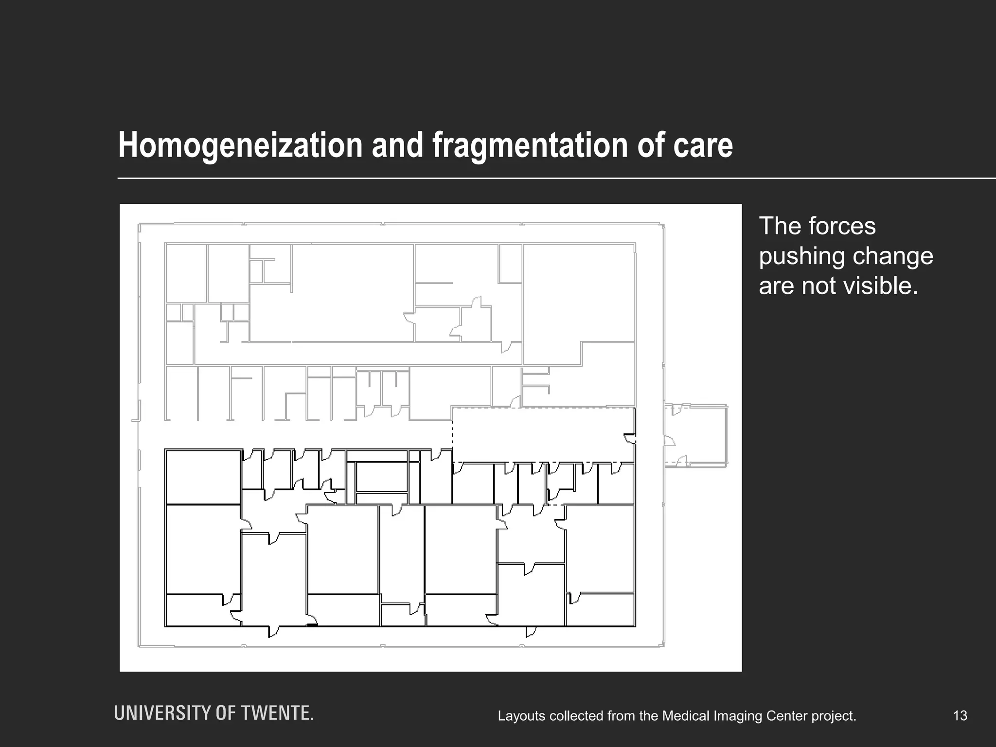 Homogeneization and fragmentation of care
13Layouts collected from the Medical Imaging Center project.
The forces
pushing change
are not visible.
 
