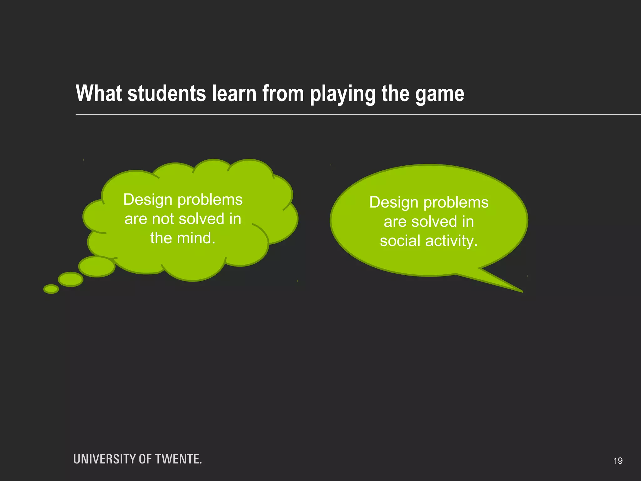 What students learn from playing the game
19
Design problems
are not solved in
the mind.
Design problems
are solved in
social activity.
 