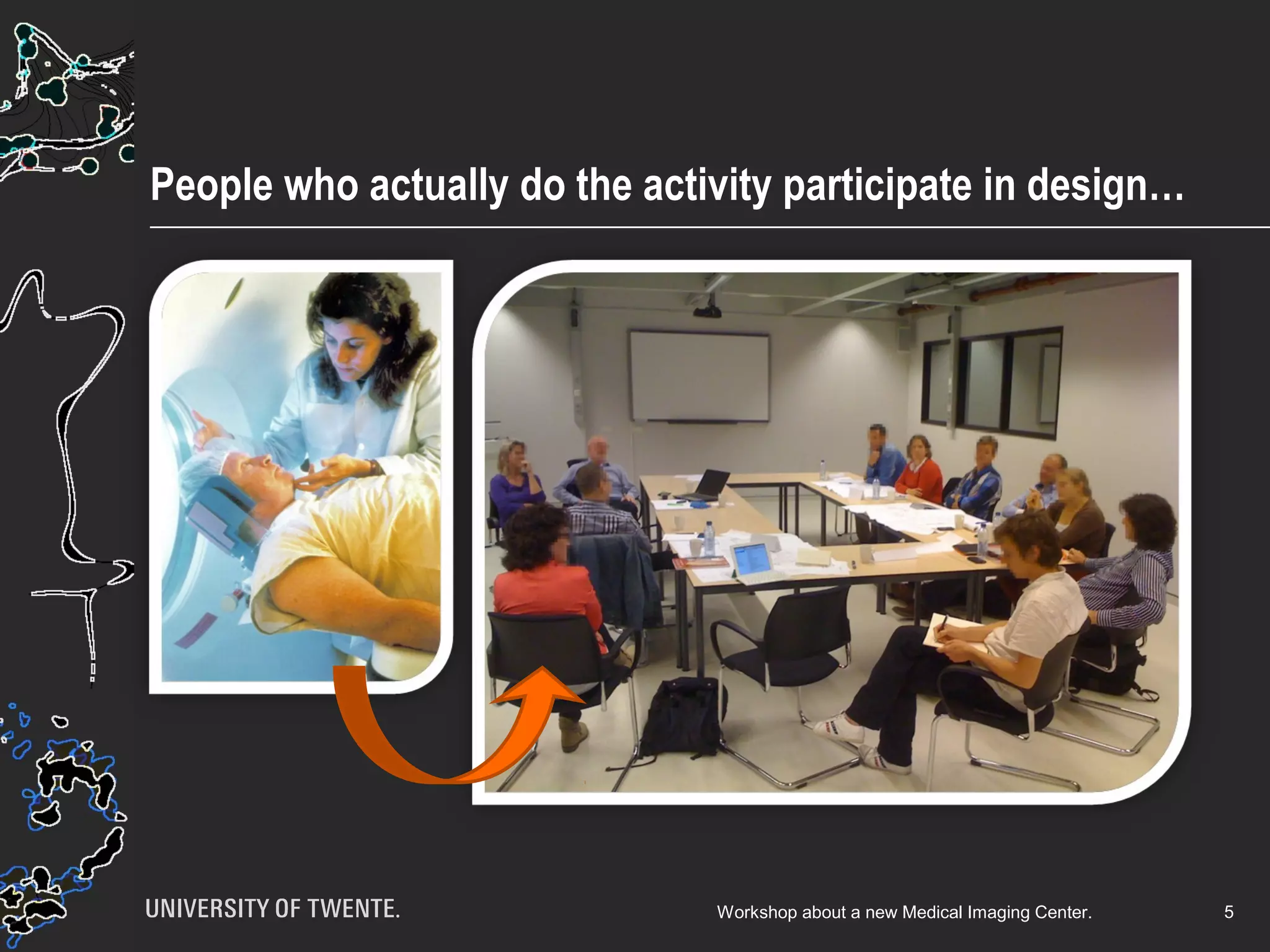 People who actually do the activity participate in design…
5Workshop about a new Medical Imaging Center.
 