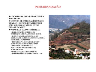 PERIURBANIZAÇÃO  LOCALIZADA PARA LÁ DA CINTURA SUBURBANA  MISTURA DE ESTRURAS URBANAS E RUARAIS   DIFÍCIL ESTABELECRER UMA SEPARAÇÃO NÍTIDA ENTRE CIDADE E CAMPO PRINCIPAIS CARACTERÍSTICAS:  IMPLANTAÇÃO DISPERSA DA  HABITAÇÃO URBANA EM MEIO RURAL  BAIXAS DENSIDADES MÉDIAS DE OCUPAÇÃO E ALTERAÇÃO CONSTANTE DA ESTRUTURA FUNDIÁRIA  PROGRESSIVA INSTABILIDADE DA ACTIVIDADE AGRÍCOLA DEVIDO À URBANIZAÇÃO CRESCENTE  ABANDONO PROGRESSIVO DA AGRICULTURA  IMPLANTAÇÃO CRESCENTE DE UNIDADES INDUSTRIAIS E COMERCIAIS 