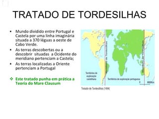 TRATADO DE TORDESILHAS Mundo dividido entre Portugal e Castela por uma linha imaginária situada a 370 léguas a oeste de Cabo Verde. As terras descobertas ou a descobrir  situadas  a Ocidente do meridiano pertenciam a Castela; As terras localizadas a Oriente pertenciam a Portugal Este tratado punha em prática a Teoria do Mare Clausum 