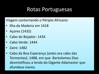Rotas Portuguesas
Viagem contornando o Périplo Africano:
• Ilha da Madeira em 1418
• Açores (1432)
• Cabo do Bojador: 1434
• Cabo Verde: 1444
• Zaire: 1482
• Cabo da Boa Esperança (antes era cabo das
Tormentas): 1488, em que Bartolomeu Dias
desmistificou a lenda do Gigante Adamastor que
afundava navios.
 