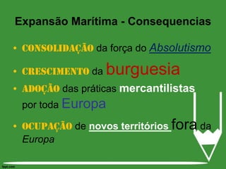 Consolidação da força do AbsolutismoCrescimento da burguesiaAdoção das práticas mercantilistas por toda EuropaOcupação de novos territórios fora da EuropaExpansão Marítima - Consequencias