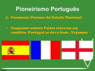 Pioneirismo PortuguêsFormação Precoce do Estado NacionalEnquanto outros Países estavam em conflito, Portugal se dava bem...Vejamos: