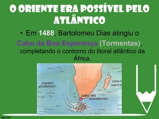 O Oriente era possível pelo AtlânticoEm 1488, Bartolomeu Dias atingiu o Cabo da Boa Esperança(Tormentas), completando o contorno do litoral atlântico da África.