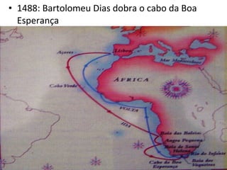 • 1488: Bartolomeu Dias dobra o cabo da Boa
Esperança
 