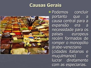 Podemos concluir portanto que a causa central para a expansão era a necessidade para os países europeus recém formados de romper o monopólio árabe-veneziano (cidades italianas e muçulmanos) e lucrar diretamente com as especiarias. Causas Gerais 