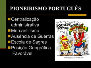 PIONEIRISMO PORTUGUÊS Centralização  administrativa Mercantilismo Ausência de Guerras Escola de Sagres Posição Geográfica   Favorável 