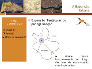 A Expansão
                                                           Urbana


      FASE                 Expansão Tentacular ou
   CENTRÍFUGA               por aglutinação
 O que é?
 Porquê?
 Como se carateriza?




                                           A        cidade    cresce
                                           horizontalmente ao longo
                                           das vias de comunicação
                                           mais importantes.
 