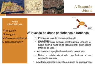 A Expansão
                                                                  Urbana


      FASE
   CENTRÍFUGA

 O que é?
 Porquê?
                    2º Invasão de áreas periurbanas e rurbanas
 Como se carateriza?    • Porque as vias de comunicação são
 Consequências?         • abundantes
                           Apresenta uma mistura caraterísticas urbanas e
                           rurais quer a nível físico (construção) quer social
                           (modos de vida)
                        • Apresenta ocupação desordenada do espaço
                         • Baixa a média densidade populacional e de
                           ocupação do solo
                        • Atividade agrícola instável e em risco de desaparecer
 