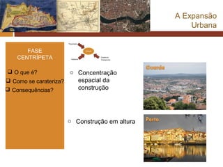 A Expansão
                                                 Urbana


      FASE
   CENTRÍPETA

 O que é?            o Concentração
 Como se carateriza?   espacial da
 Consequências?        construção




                    o Construção em altura
 