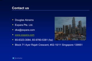 249
6XXXX
Contact us
 Douglas Abrams
 Expara Pte. Ltd.
 dka@expara.com
 www.expara.com
 65-6323-3084, 65-9780-5381 (h...