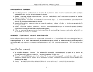 PROGRAMA	
  DE	
  EXPRESIONES	
  ARTÍSTICAS	
  7°,	
  8°	
  Y	
  9°	
  
16	
  
Rasgos	
  del	
  perfil	
  por	
  competencia	
  	
  
	
  
1. Resuelve	
  operaciones	
  fundamentales	
  en	
  el	
  campo	
  de	
  los	
  números	
  reales	
  mediante	
  la	
  aplicación	
  de	
  los	
  conceptos	
  
matemáticos	
  en	
  la	
  solución	
  de	
  situaciones	
  de	
  su	
  entorno.	
  
2. Maneja	
   estructuras	
   básicas,	
   conocimientos	
   y	
   procesos	
   matemáticos,	
   que	
   le	
   permiten	
   comprender	
   y	
   resolver	
  
situaciones	
  en	
  su	
  vida	
  diaria.	
  
3. Resuelve	
  problemas	
  propuestos	
  desarrollando	
  el	
  razonamiento	
  lógico	
  y	
  los	
  procesos	
  sistemáticos	
  que	
  conlleven	
  a	
  la	
  
solución	
  de	
  situaciones	
  concretas	
  de	
  su	
  entorno.	
  	
  
4. Recopila	
   información,	
   	
   elabora,	
   analiza	
   e	
   interpreta	
   cuadros	
   y	
   gráficas	
   referidos	
   a	
   	
   fenómenos	
   propios	
   de	
   la	
  
interacción	
  social.	
  
5. Expresa	
   curiosidad,	
   cuestiona,	
   reflexiona	
   e	
   investiga	
   permanentemente	
   acerca	
   de	
   la	
   inserción	
   de	
   los	
   conceptos	
  
matemáticos	
  en	
  las	
  situaciones	
  prácticas	
  de	
  la	
  vida	
  cotidiana.	
  
6. Utiliza	
   su	
   capacidad	
   de	
   pensamiento	
   reflexivo,	
   analítico,	
   de	
   abstracción	
   y	
   síntesis	
   en	
   matemática	
   aplicándolo	
   en	
  
resolución	
  de	
  situaciones	
  del	
  contexto.	
  	
  
	
  
Competencia	
  3:	
  Conocimiento	
  e	
  	
  interacción	
  con	
  el	
  mundo	
  físico	
  
	
  
Ésta	
  se	
  refiere	
  a	
  la	
  habilidad	
  para	
  interactuar	
  con	
  el	
  mundo	
  físico,	
  tanto	
  en	
  sus	
  aspectos	
  naturales	
  como	
  en	
  los	
  generados	
  por	
  
la	
  acción	
  humana,	
  de	
  tal	
  modo	
  que	
  se	
  posibilita	
  la	
  comprensión	
  de	
  los	
  sucesos,	
  la	
  	
  predicción	
  de	
  las	
  consecuencias	
  y	
  la	
  
actividad	
  dirigida	
  a	
  la	
  mejora	
  	
  y	
  preservación	
  de	
  las	
  condiciones	
  de	
  la	
  vida	
  propia,	
  de	
  las	
  personas	
  y	
  del	
  resto	
  de	
  los	
  seres	
  
vivos.	
  
	
  
	
  
Rasgos	
  del	
  perfil	
  por	
  competencia	
  
	
  
1. Se	
   conoce	
   y	
   se	
   valora	
   a	
   sí	
   mismo	
   y	
   a	
   la	
   familia	
   como	
   institución.	
   	
   Es	
   tolerante	
   con	
   las	
   ideas	
   de	
   los	
   demás.	
   	
   Es	
  
consciente	
  de	
  sus	
  fortalezas,	
  limitaciones	
  y	
  de	
  las	
  debilidades	
  de	
  su	
  desarrollo.	
  
2. Conoce	
  la	
  necesidad	
  del	
  aprovechamiento	
  racional	
  de	
  los	
  recursos	
  naturales,	
  de	
  la	
  protección	
  del	
  ambiente	
  y	
  de	
  la	
  
prevención	
  integral	
  ante	
  los	
  peligros	
  de	
  los	
  fenómenos	
  naturales,	
  económicos	
  y	
  sociales	
  y	
  su	
  responsabilidad	
  en	
  la	
  
prevención	
  del	
  riesgo.	
  
3. Respeta	
  y	
  aprecia	
  la	
  biodiversidad	
  aplicando	
  hábitos	
  de	
  conservación	
  para	
  la	
  protección	
  de	
  la	
  naturaleza.	
  
 
