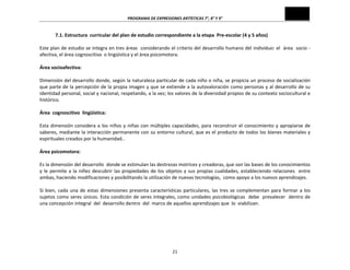 PROGRAMA	
  DE	
  EXPRESIONES	
  ARTÍSTICAS	
  7°,	
  8°	
  Y	
  9°	
  
21	
  
7.1.	
  Estructura	
  	
  curricular	
  del	
  plan	
  de	
  estudio	
  correspondiente	
  a	
  la	
  etapa	
  	
  Pre-­‐escolar	
  (4	
  y	
  5	
  años)	
  
	
  
Este	
  plan	
  de	
  estudio	
  se	
  integra	
  en	
  tres	
  áreas	
  	
  considerando	
  el	
  criterio	
  del	
  desarrollo	
  humano	
  del	
  individuo:	
  el	
  	
  área	
  	
  socio	
  -­‐	
  
afectiva,	
  el	
  área	
  cognoscitiva	
  	
  o	
  lingüística	
  y	
  el	
  área	
  psicomotora.	
  
	
  
Área	
  socioafectiva:	
  
	
  
Dimensión	
  del	
  desarrollo	
  donde,	
  según	
  la	
  naturaleza	
  particular	
  de	
  cada	
  niño	
  o	
  niña,	
  se	
  propicia	
  un	
  proceso	
  de	
  socialización	
  
que	
  parte	
  de	
  la	
  percepción	
  de	
  la	
  propia	
  imagen	
  y	
  que	
  se	
  extiende	
  a	
  la	
  autovaloración	
  como	
  personas	
  y	
  al	
  desarrollo	
  de	
  su	
  
identidad	
  personal,	
  social	
  y	
  nacional,	
  respetando,	
  a	
  la	
  vez;	
  los	
  valores	
  de	
  la	
  diversidad	
  propios	
  de	
  su	
  contexto	
  sociocultural	
  e	
  
histórico.	
  
	
  
Área	
  	
  cognoscitivo	
  	
  lingüística:	
  
	
  
Esta	
  dimensión	
  considera	
  a	
  los	
  niños	
  y	
  niñas	
  con	
  múltiples	
  capacidades,	
  para	
  reconstruir	
  el	
  conocimiento	
  y	
  apropiarse	
  de	
  
saberes,	
  mediante	
  la	
  interacción	
  permanente	
  con	
  su	
  entorno	
  cultural,	
  que	
  es	
  el	
  producto	
  de	
  todos	
  los	
  bienes	
  materiales	
  y	
  
espirituales	
  creados	
  por	
  la	
  humanidad..	
  
	
  
Área	
  psicomotora:	
  
	
  
Es	
  la	
  dimensión	
  del	
  desarrollo	
  	
  donde	
  se	
  estimulan	
  las	
  destrezas	
  motrices	
  y	
  creadoras,	
  que	
  son	
  las	
  bases	
  de	
  los	
  conocimientos	
  
y	
  le	
  permite	
  a	
  la	
  niñez	
  descubrir	
  las	
  propiedades	
  de	
  los	
  objetos	
  y	
  sus	
  propias	
  cualidades,	
  estableciendo	
  relaciones	
  	
  entre	
  
ambas,	
  haciendo	
  modificaciones	
  y	
  posibilitando	
  la	
  utilización	
  de	
  nuevas	
  tecnologías,	
  	
  como	
  apoyo	
  a	
  los	
  nuevos	
  aprendizajes.	
  
	
  
Si	
  bien,	
  cada	
  una	
  de	
  estas	
  dimensiones	
  presenta	
  características	
  particulares,	
  las	
  tres	
  se	
  complementan	
  para	
  formar	
  a	
  los	
  
sujetos	
  como	
  seres	
  únicos.	
  Esta	
  condición	
  de	
  seres	
  integrales,	
  como	
  unidades	
  psicobiológicas	
  	
  debe	
  	
  prevalecer	
  	
  dentro	
  de	
  
una	
  concepción	
  integral	
  	
  del	
  	
  desarrollo	
  dentro	
  	
  del	
  	
  marco	
  de	
  aquellos	
  aprendizajes	
  que	
  	
  lo	
  	
  viabilizan.	
  
	
  
	
  
	
  
 
