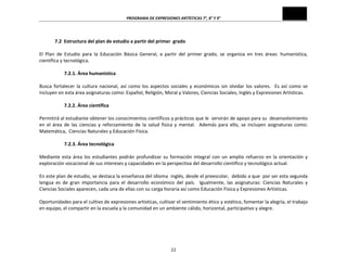 PROGRAMA	
  DE	
  EXPRESIONES	
  ARTÍSTICAS	
  7°,	
  8°	
  Y	
  9°	
  
22	
  
	
  
7.2	
  	
  Estructura	
  del	
  plan	
  de	
  estudio	
  a	
  partir	
  del	
  primer	
  	
  grado	
  
	
  
El	
   Plan	
   de	
   Estudio	
   para	
   la	
   Educación	
   Básica	
   General,	
   a	
   partir	
   del	
   primer	
   grado,	
   se	
   organiza	
   en	
   tres	
   áreas:	
   humanística,	
  
científica	
  y	
  tecnológica.	
  
	
  
7.2.1.	
  Área	
  humanística	
  
	
  
Busca	
  fortalecer	
  la	
  cultura	
  nacional,	
  así	
  como	
  los	
  aspectos	
  sociales	
  y	
  económicos	
  sin	
  olvidar	
  los	
  valores.	
  	
  Es	
  así	
  como	
  se	
  
incluyen	
  en	
  esta	
  área	
  asignaturas	
  como:	
  Español,	
  Religión,	
  Moral	
  y	
  Valores,	
  Ciencias	
  Sociales,	
  Inglés	
  y	
  Expresiones	
  Artísticas.	
  
	
  
7.2.2.	
  Área	
  científica	
  
	
  
Permitirá	
  al	
  estudiante	
  obtener	
  los	
  conocimientos	
  científicos	
  y	
  prácticos	
  que	
  le	
  	
  servirán	
  de	
  apoyo	
  para	
  su	
  	
  desenvolvimiento	
  
en	
   el	
   área	
   de	
   las	
   ciencias	
   y	
   reforzamiento	
   de	
   la	
   salud	
   física	
   y	
   mental.	
   	
   Además	
   para	
   ello,	
   se	
   incluyen	
   asignaturas	
   como:	
  
Matemática,	
  	
  Ciencias	
  Naturales	
  y	
  Educación	
  Física.	
  
	
  
7.2.3.	
  Área	
  tecnológica	
  
	
  
Mediante	
  esta	
  área	
  los	
  estudiantes	
  podrán	
  profundizar	
  su	
  formación	
  integral	
  con	
  un	
  amplio	
  refuerzo	
  en	
  la	
  orientación	
  y	
  
exploración	
  vocacional	
  de	
  sus	
  intereses	
  y	
  capacidades	
  en	
  la	
  perspectiva	
  del	
  desarrollo	
  científico	
  y	
  tecnológico	
  actual.	
  
	
  
En	
  este	
  plan	
  de	
  estudio,	
  se	
  destaca	
  la	
  enseñanza	
  del	
  idioma	
  	
  inglés,	
  desde	
  el	
  preescolar,	
  	
  debido	
  a	
  que	
  	
  por	
  ser	
  esta	
  segunda	
  
lengua	
   es	
   de	
   gran	
   importancia	
   para	
   el	
   desarrollo	
   económico	
   del	
   país.	
   	
   Igualmente,	
   las	
   asignaturas:	
   Ciencias	
   Naturales	
   y	
  
Ciencias	
  Sociales	
  aparecen,	
  cada	
  una	
  de	
  ellas	
  con	
  su	
  carga	
  horaria	
  así	
  como	
  Educación	
  Física	
  y	
  Expresiones	
  Artísticas.	
  	
  	
  	
  	
  
	
  
Oportunidades	
  para	
  el	
  cultivo	
  de	
  expresiones	
  artísticas,	
  cultivar	
  el	
  sentimiento	
  ético	
  y	
  estético,	
  fomentar	
  la	
  alegría,	
  el	
  trabajo	
  
en	
  equipo,	
  el	
  compartir	
  en	
  la	
  escuela	
  y	
  la	
  comunidad	
  en	
  un	
  ambiente	
  cálido,	
  horizontal,	
  participativo	
  y	
  alegre.	
  
 